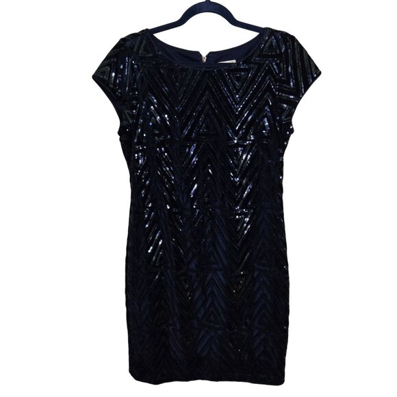 Eliza J Navy Velvet Sequined Zigzag Cap Sleeve Mini Dress Designer Size 10 - Picture 2 of 7